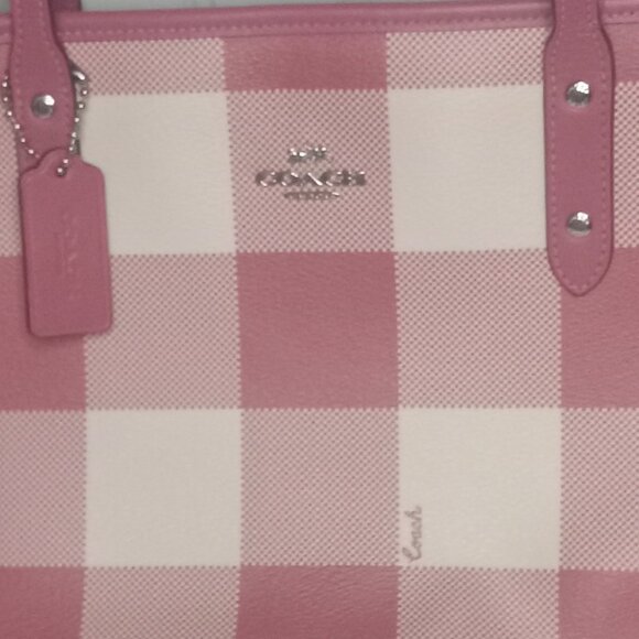 Coach City Red Buffalo Plaid Print PVC & Leather Zip Top Tote - Picture 4 of 15